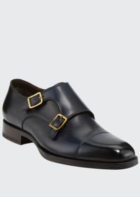 Men's Burnished Double-Monk Leather Loafers