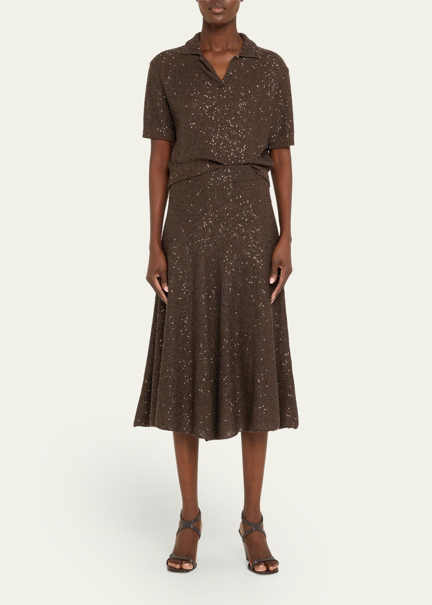 Sequined Cashmere Cropped Polo Sweater Women's Matching Sets