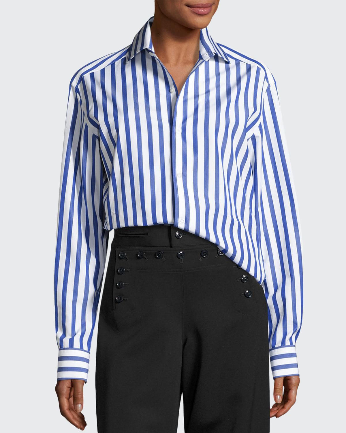 Shop Ralph Lauren Capri Striped Cotton Blouse, White In Whte/cl Bl