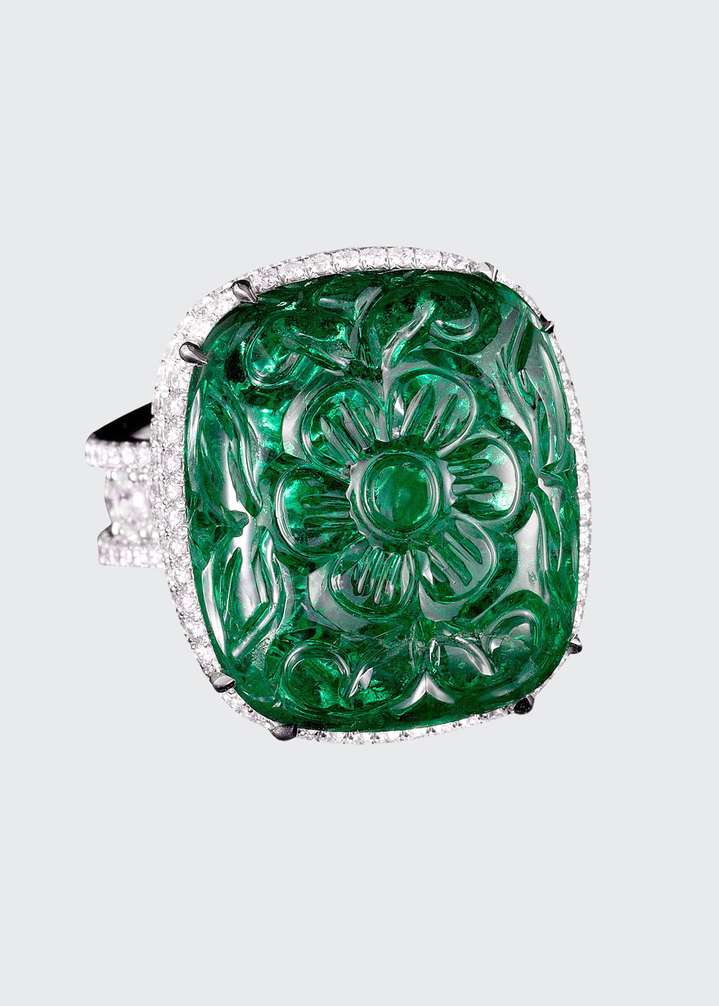Bayco Carved Zambian Emerald and Diamond Ring