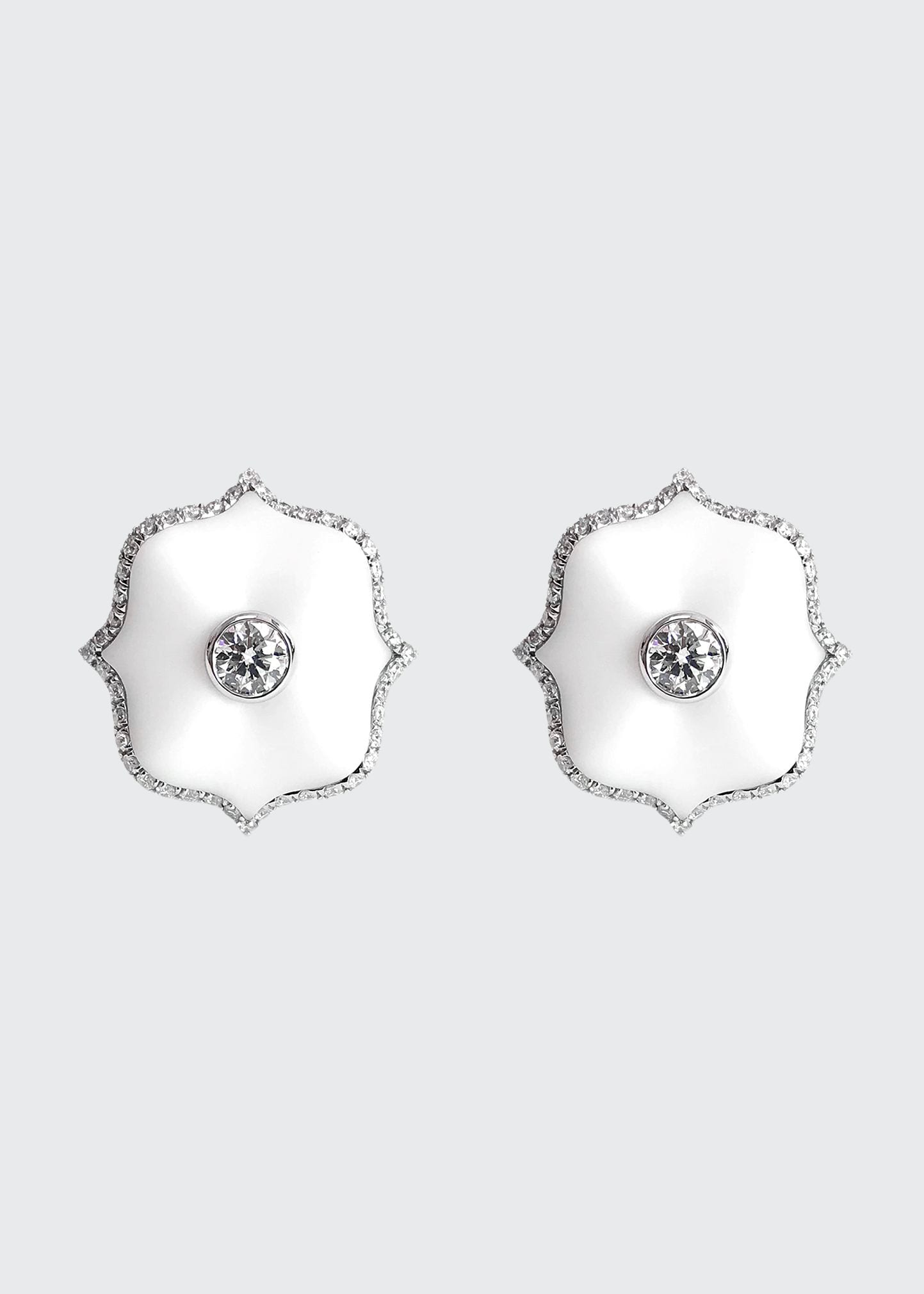 Bayco White Ceramic Mini Lotus and Diamond Earrings