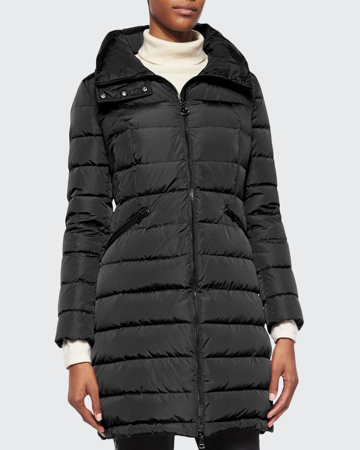 Flammette Stripe-Quilted Mid-Length Puffer Coat