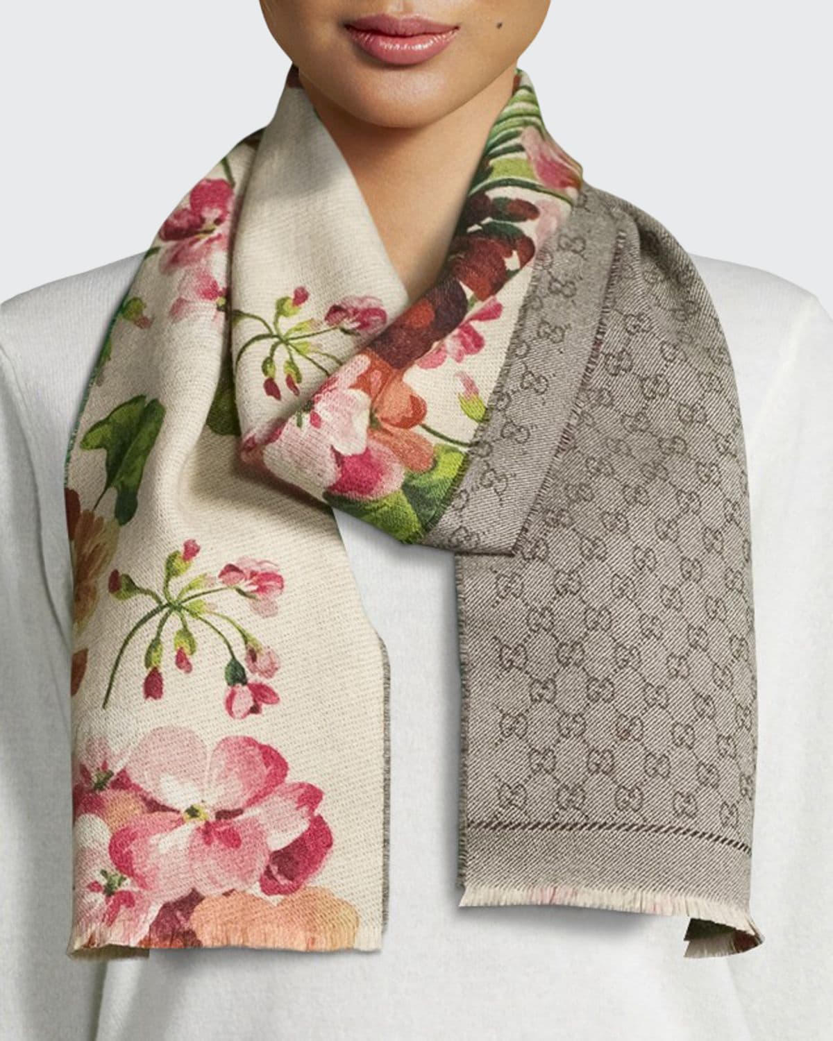 Gucci Miniorophin Floral & Logo Wool Scarf, Blue/Pink