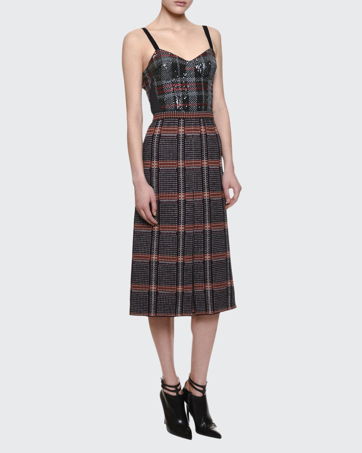 Bottega Veneta Sleeveless Plaid Midi Dress w/Sequined Bustier, Black /Red/White