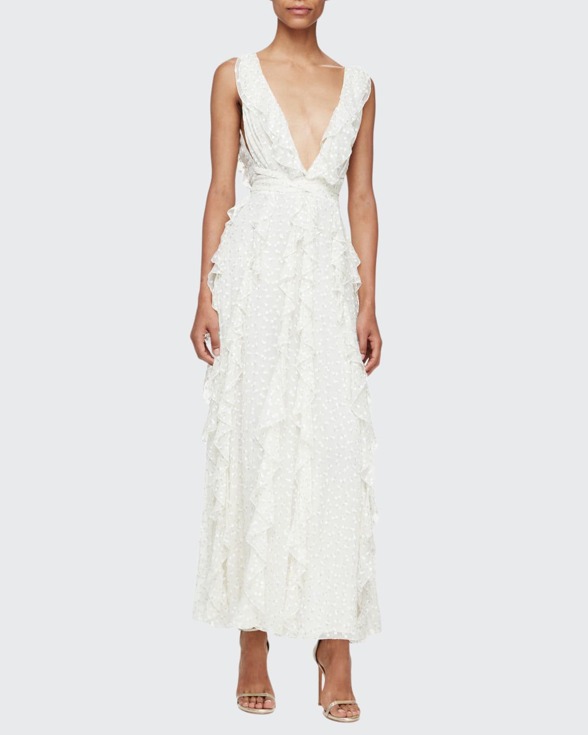 Valentino Sleeveless Ruffled Swiss Dot Midi Dress ivory