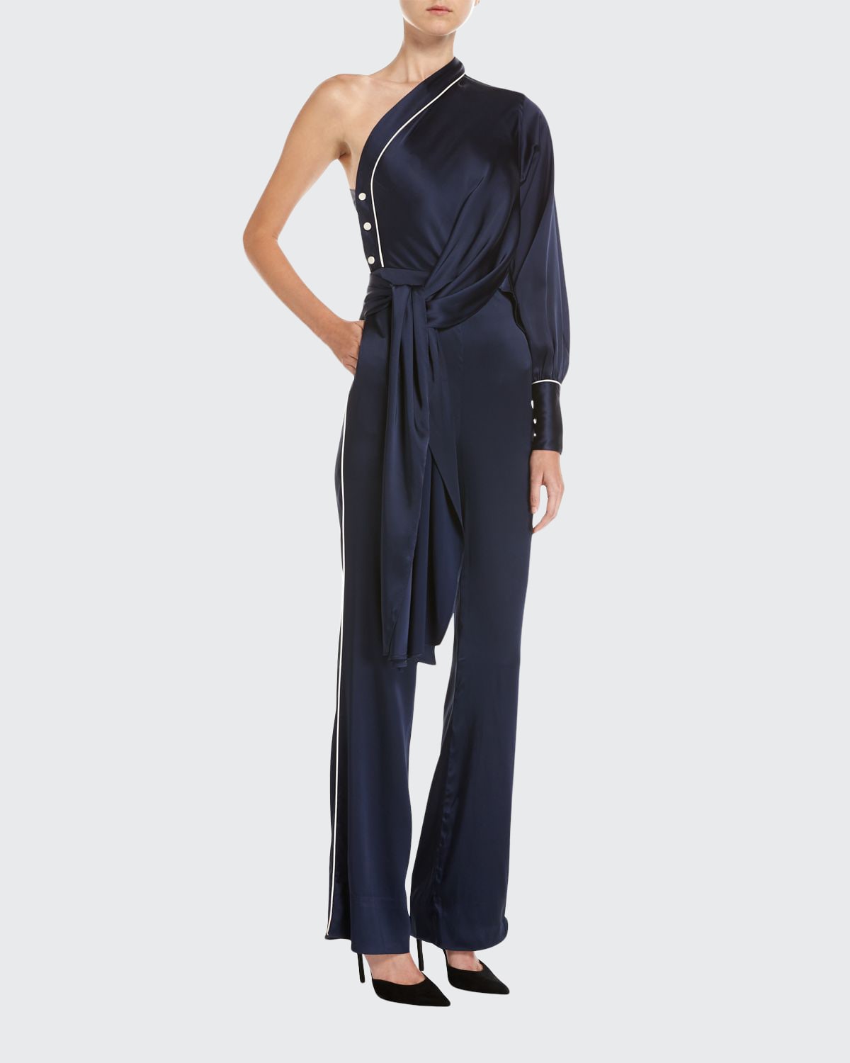 Jonathan Simkhai One Shoulder Sateen Jumpsuit Blue