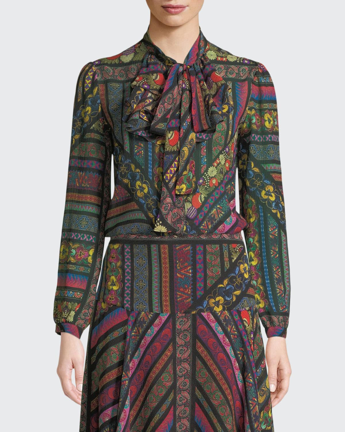 Etro RibbonPrint Silk Jabot Blouse