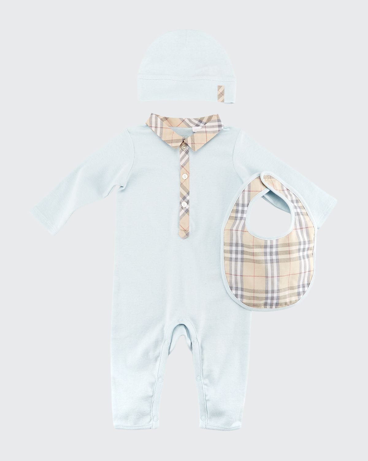 Burberry Carlos Stretch-Knit Playsuit, Baby Hat & Bib Boxed Gift Set, Blue,  Size 3-18 Months