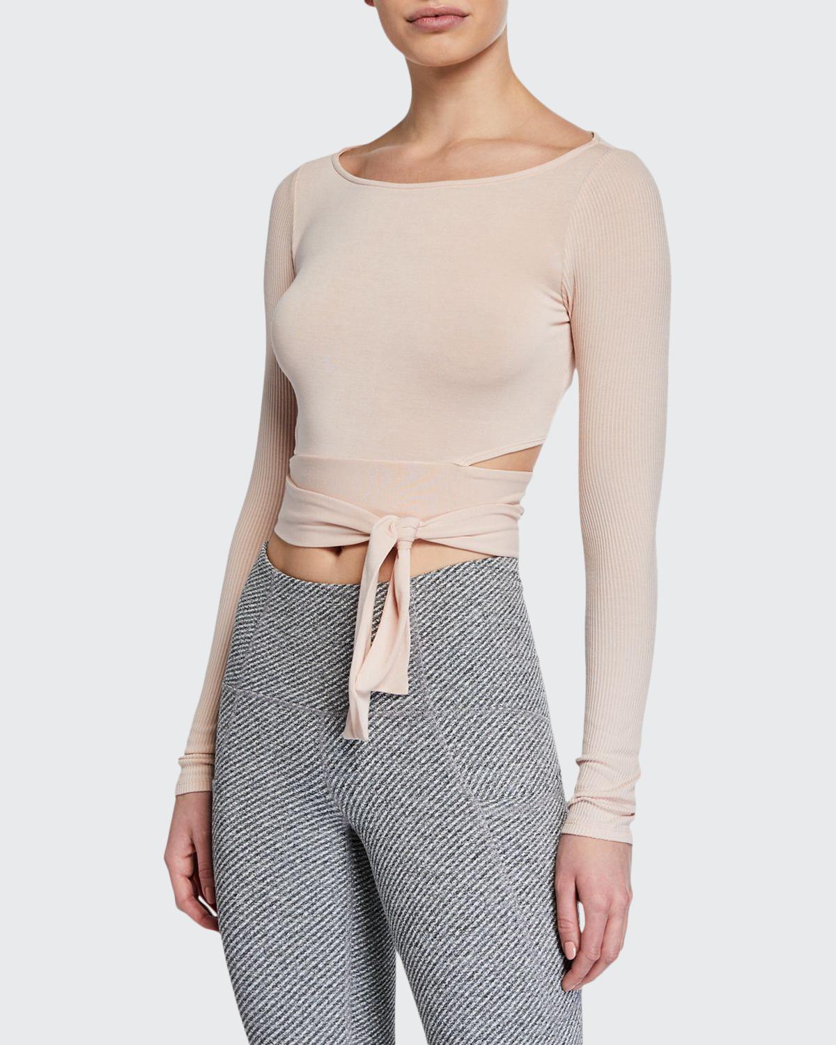 alo YOGA BARRE COVERUPクロップド グレー S アローヨガ Alo Yoga Barre Long-Sleeve Tie-Waist Crop Top - Bergdorf Goodman