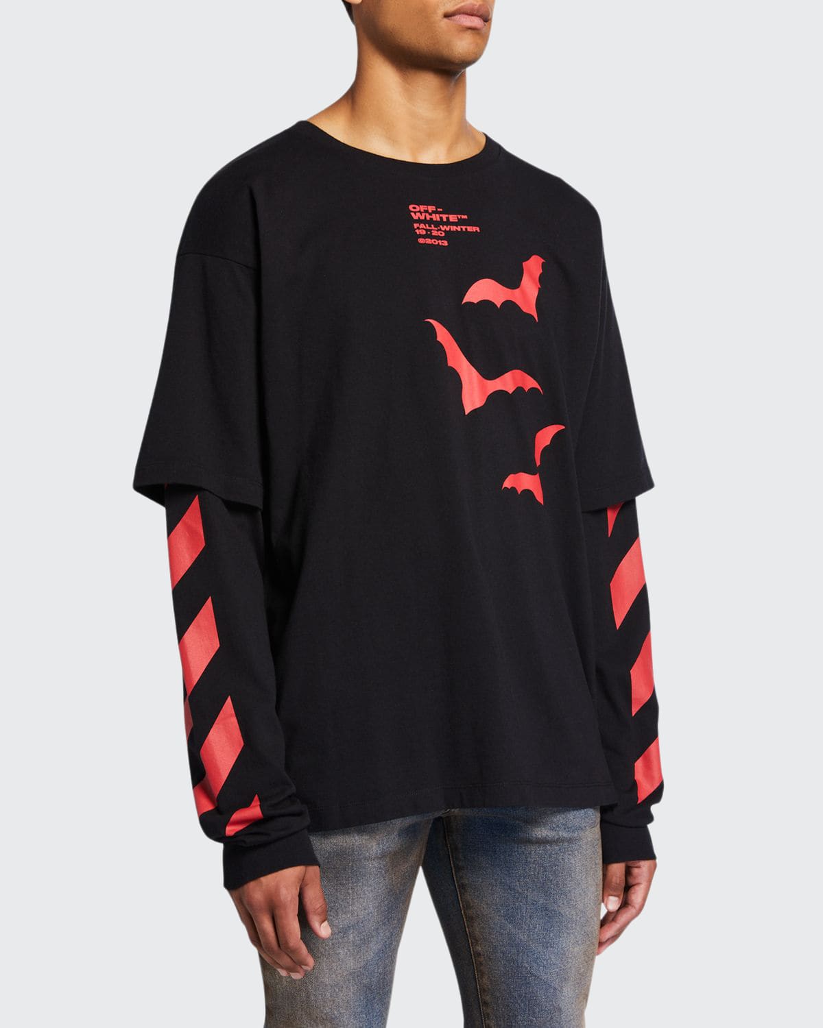 Off White Men s Double Sleeve Stripe Bat Logo Shirt