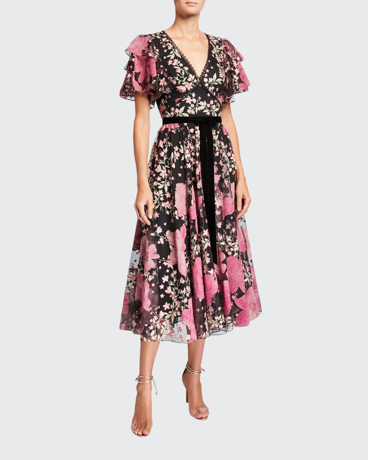 Marchesa notte pink floral flutter dress discount
