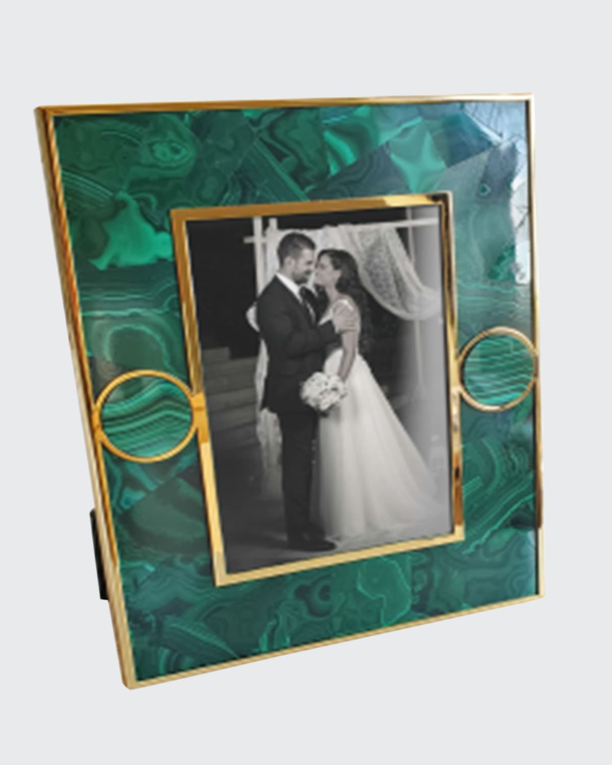 Monica Rich Kosann 8x10 Malachite Picture Frame With Circles, 24k Plate Metal And Green Pebbled Leather Backing