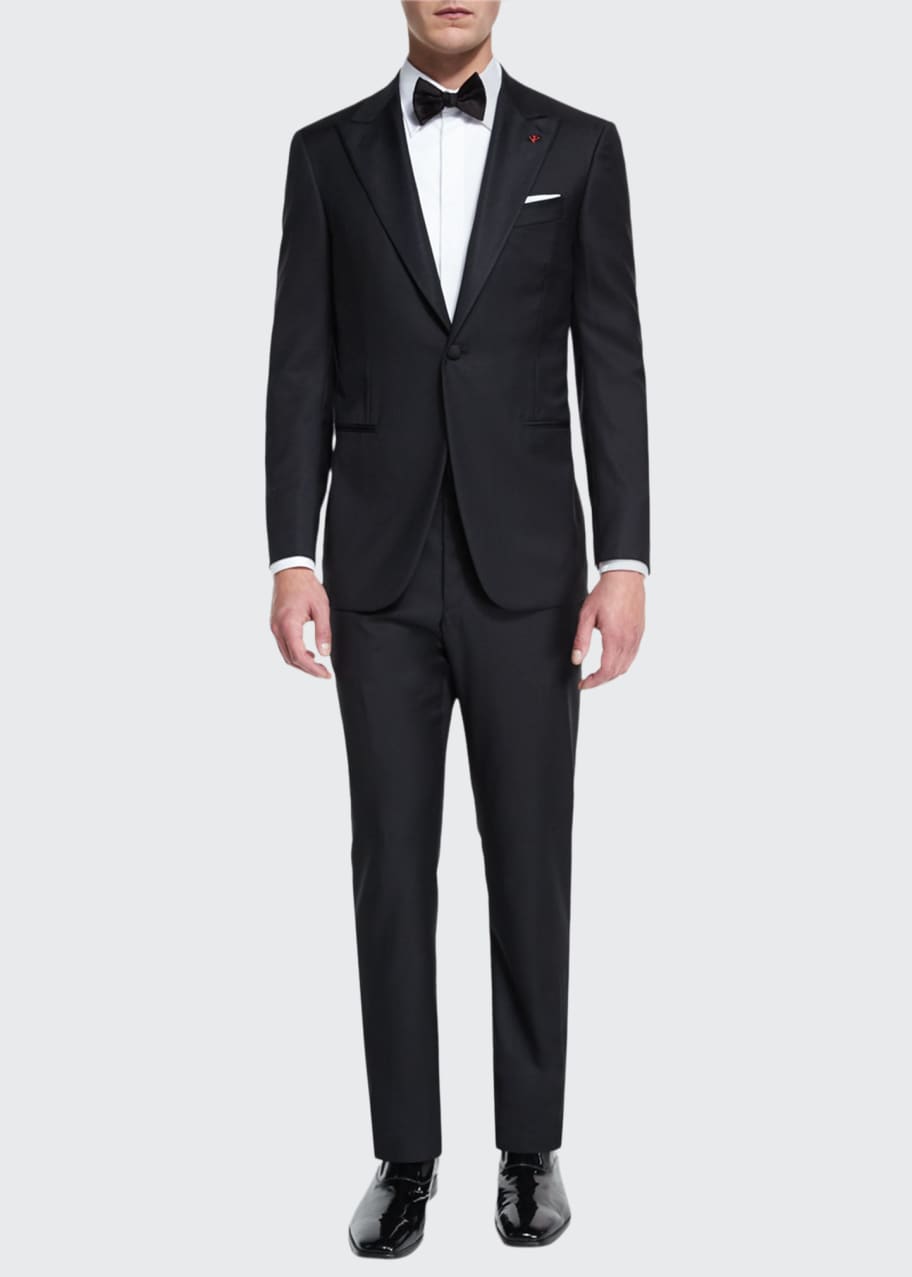 Isaia Satin Peak-Lapel One-Button Wool Tuxedo, Black - Bergdorf Goodman
