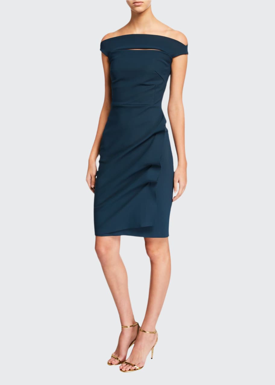 Image 1 of 1: Off-the-Shoulder Cap-Sleeve Cocktail Dress w/ Front Cutout