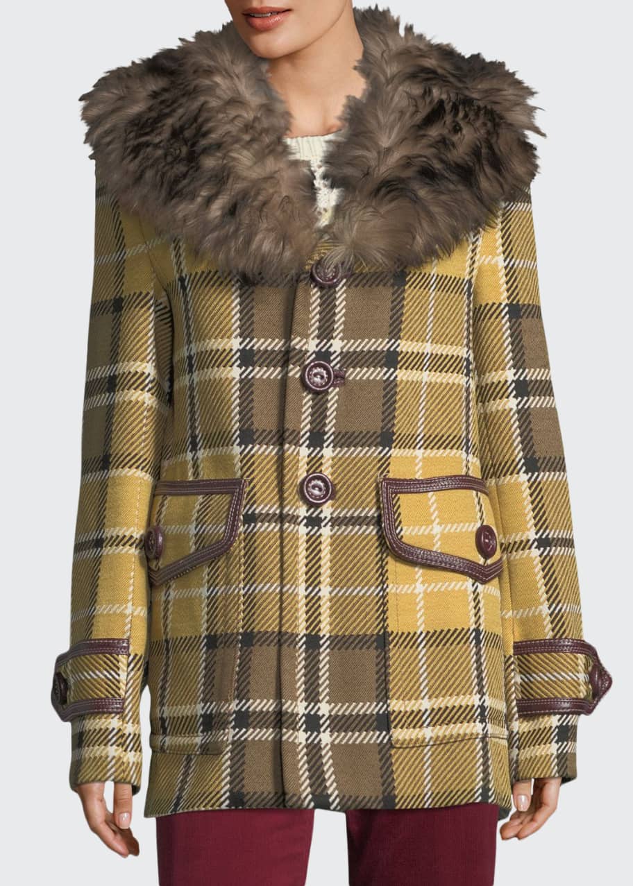 Image 1 of 1: Plaid Coat with Shearling Fur Collar