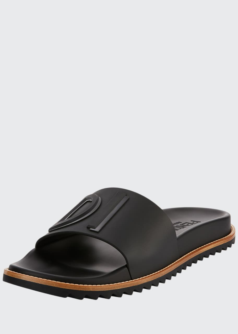 Fendi Rubber Slide Sandals w/ Raised Logo Detail - Bergdorf Goodman