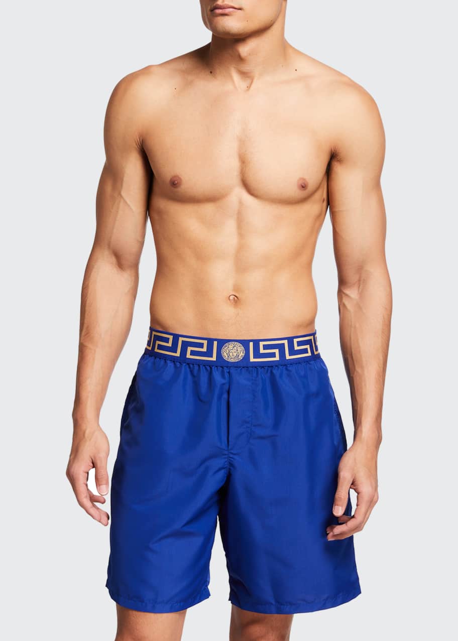 Versace Long Swim Trunks w/ Greek Key Waistband Bergdorf Goodman