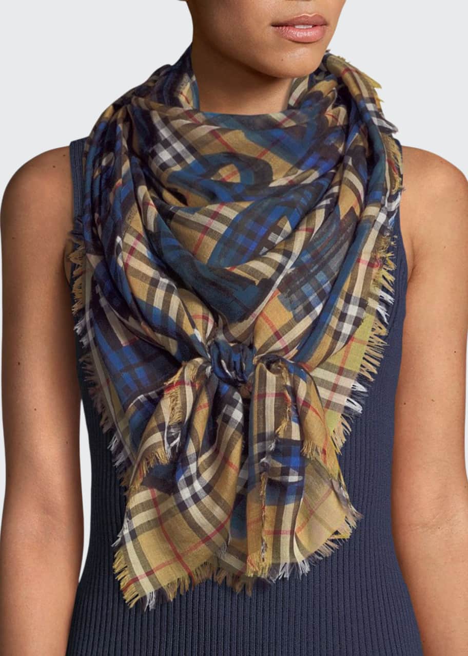 Graffiti Print Check Wool Silk Square Scarf