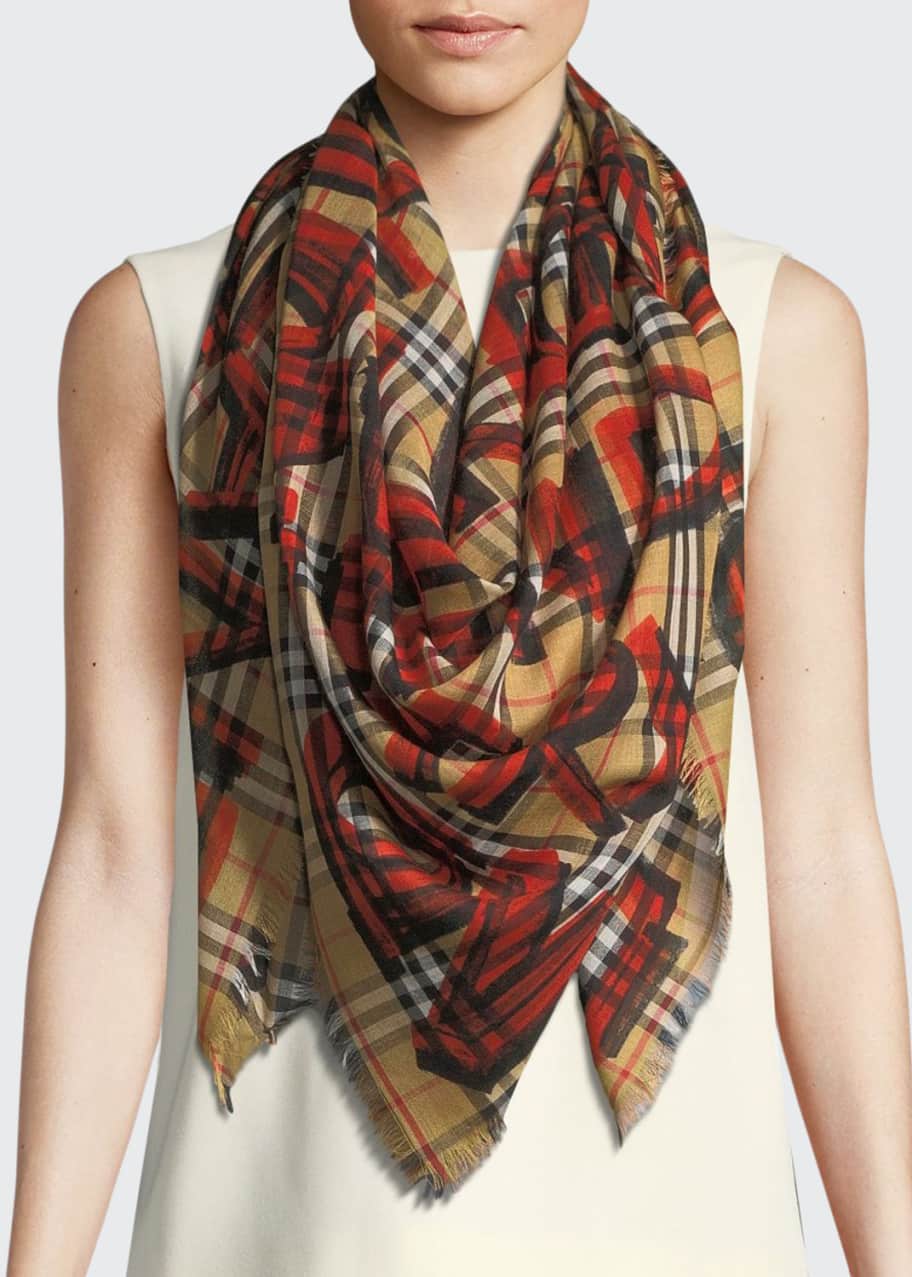 Graffiti Print Check Wool Silk Large Square Scarf