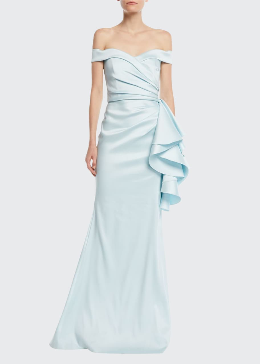 Badgley Mischka Collection Off-the-Shoulder Gown w/ Side Ruffles ...