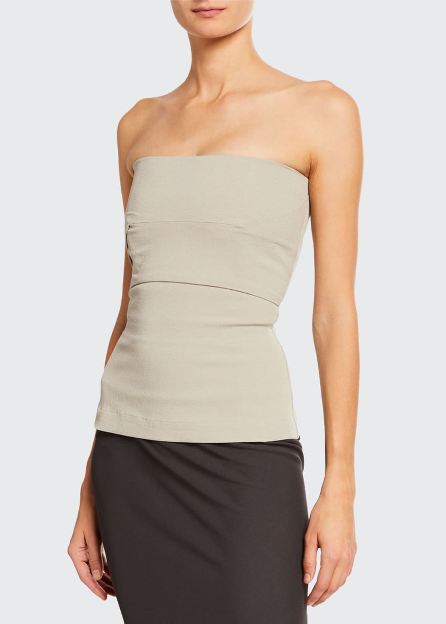 RICK OWENS Strapless distressed coated stretch-cotton bustier top