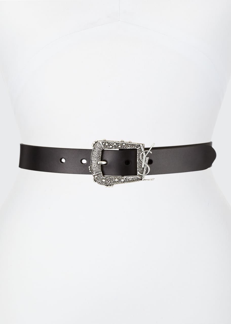 Image 1 of 1: Leather Belt w/ Ornate YSL Buckle