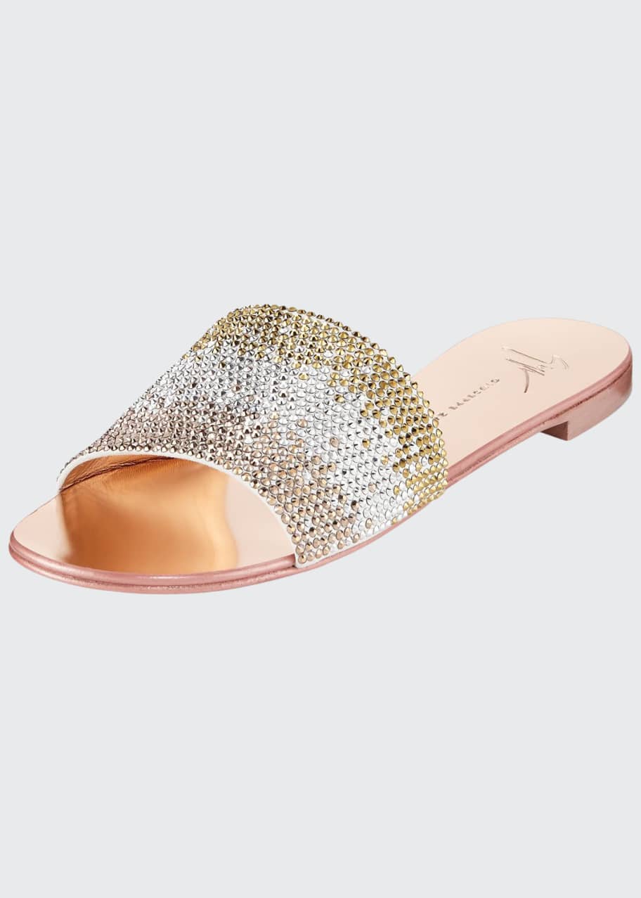 Image 1 of 1: Crystal-Embellished Flat Metallic Slide Sandals