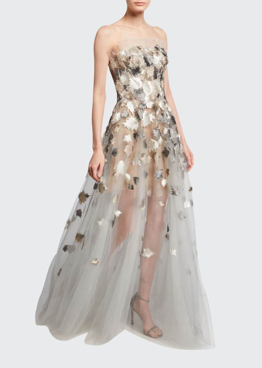 Image 1 of 1: Metallic Leaf-Embroidered Tulle Strapless Gown