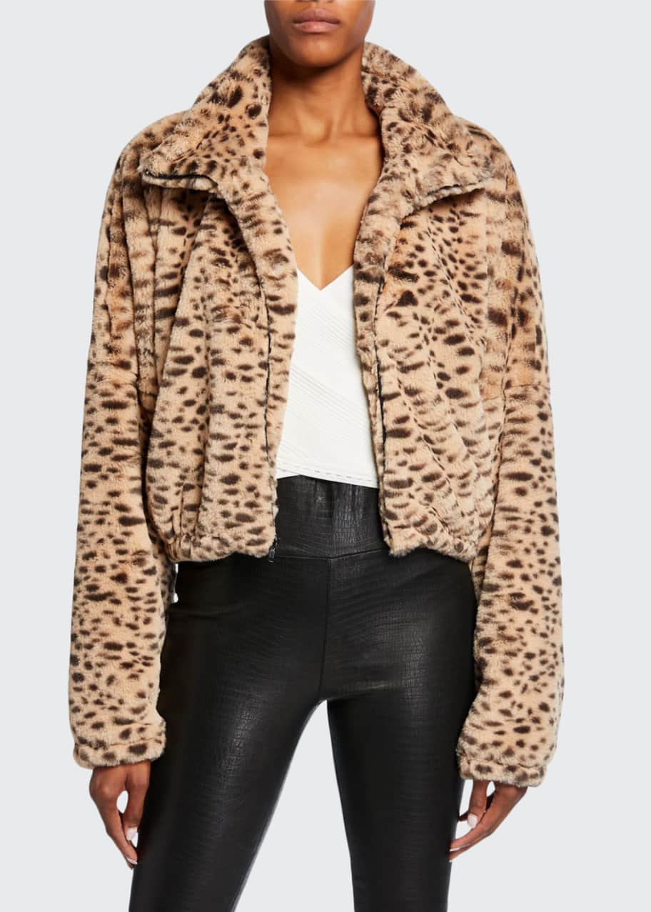 Image 1 of 1: Cropped Faux-Fur Leopard-Print Jacket