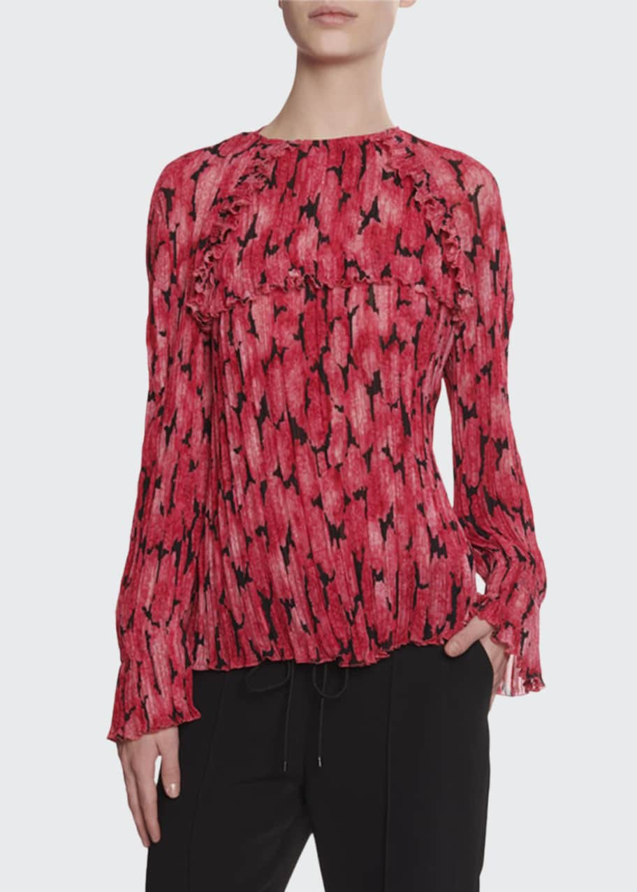 Image 1 of 1: Pleated Long-Sleeve Printed Blouse