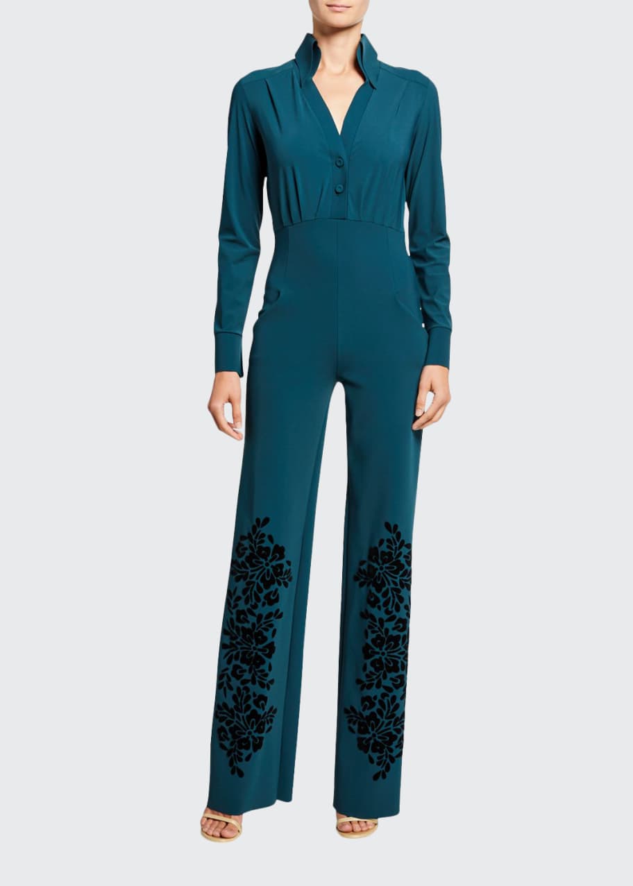 Image 1 of 1: Long-Sleeve Tuxedo Jumpsuit with Velvet Flocked Pant