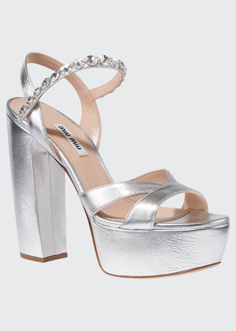 Miu Miu Metallic Crystal Strap Platform Sandals Bergdorf Goodman
