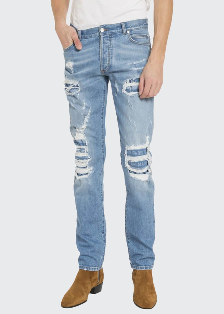 Balmain Men's Distressed Slim-Fit Logo Jeans - Bergdorf Goodman
