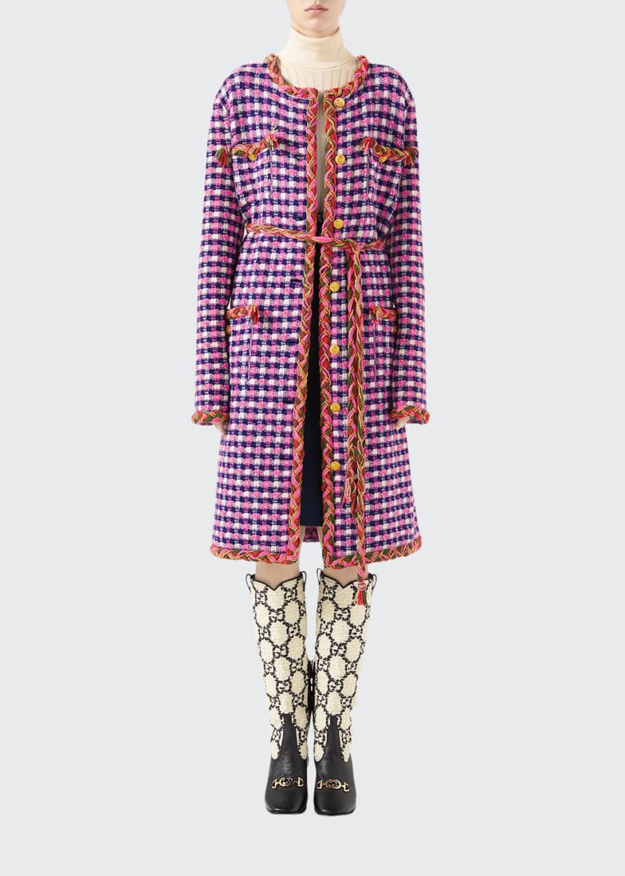 Image 1 of 1: Checkered Wool-Knit Braided-Trim Coat