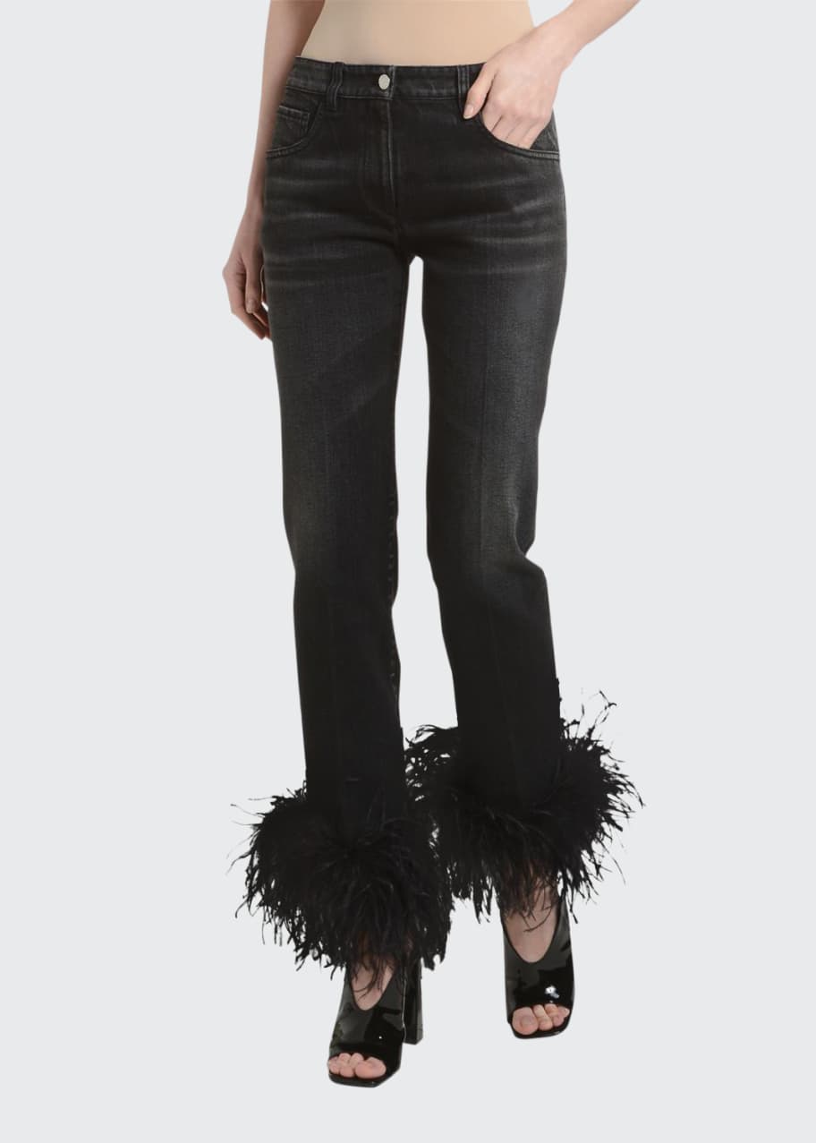 Ostrich Feather Cuff Straight Leg Jeans