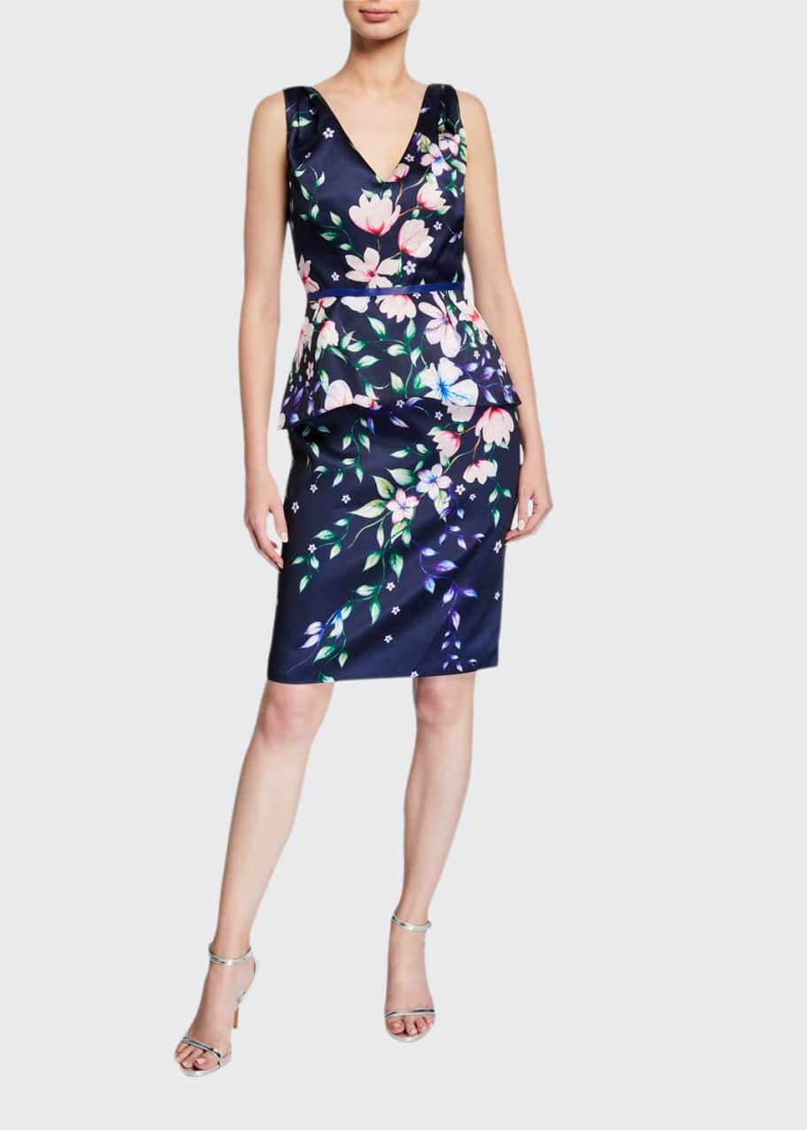 Floral Mikado V Neck Sleeveless Peplum Dress