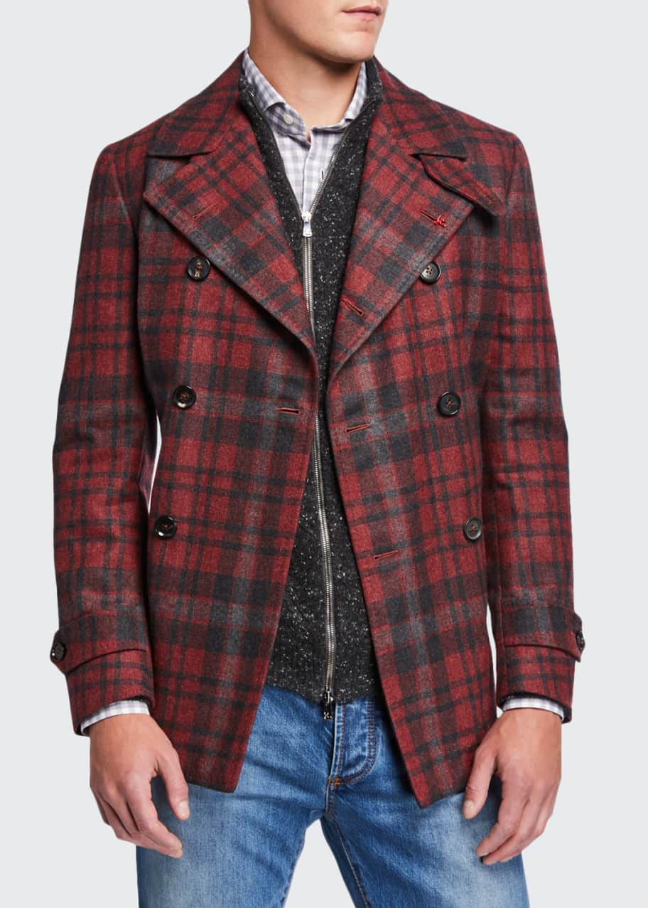 Isaia Men's Plaid Wool Pea Coat Bergdorf Goodman