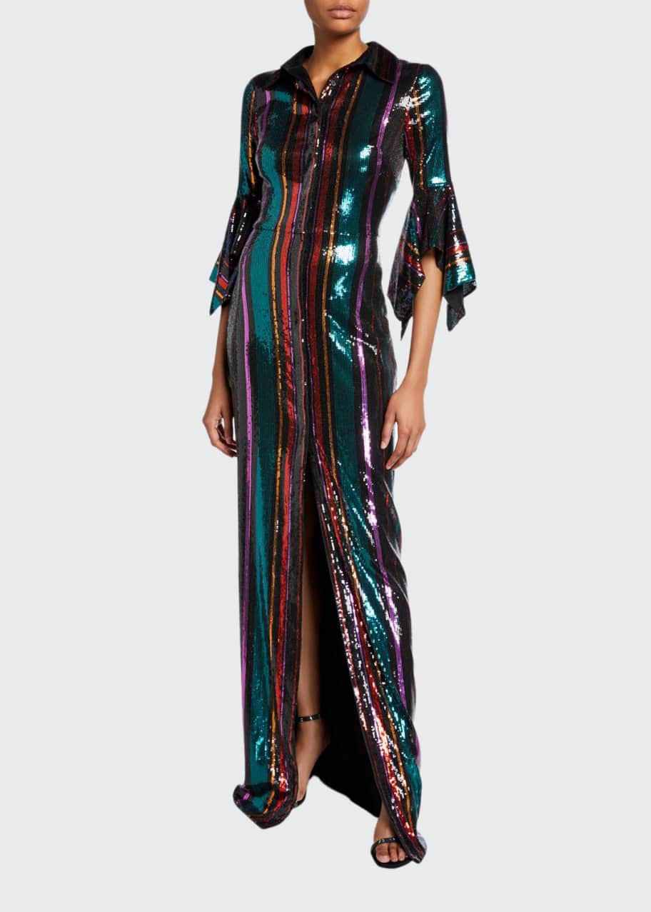 Badgley Mischka Collection Disco Stripe Sequin Column Gown with Slit ...