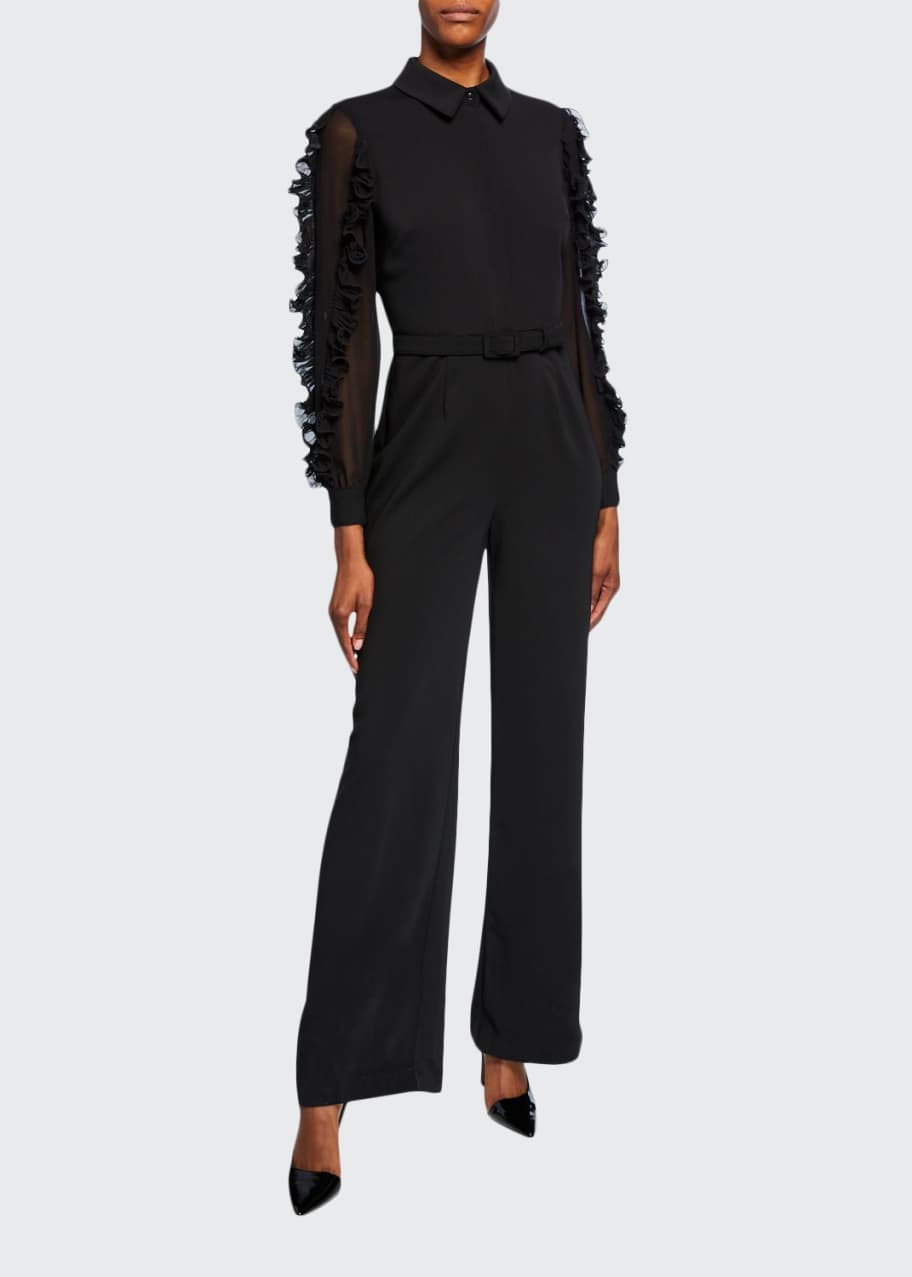 Badgley Mischka Collection Long-Sleeve Belted Ruffle Jumpsuit ...
