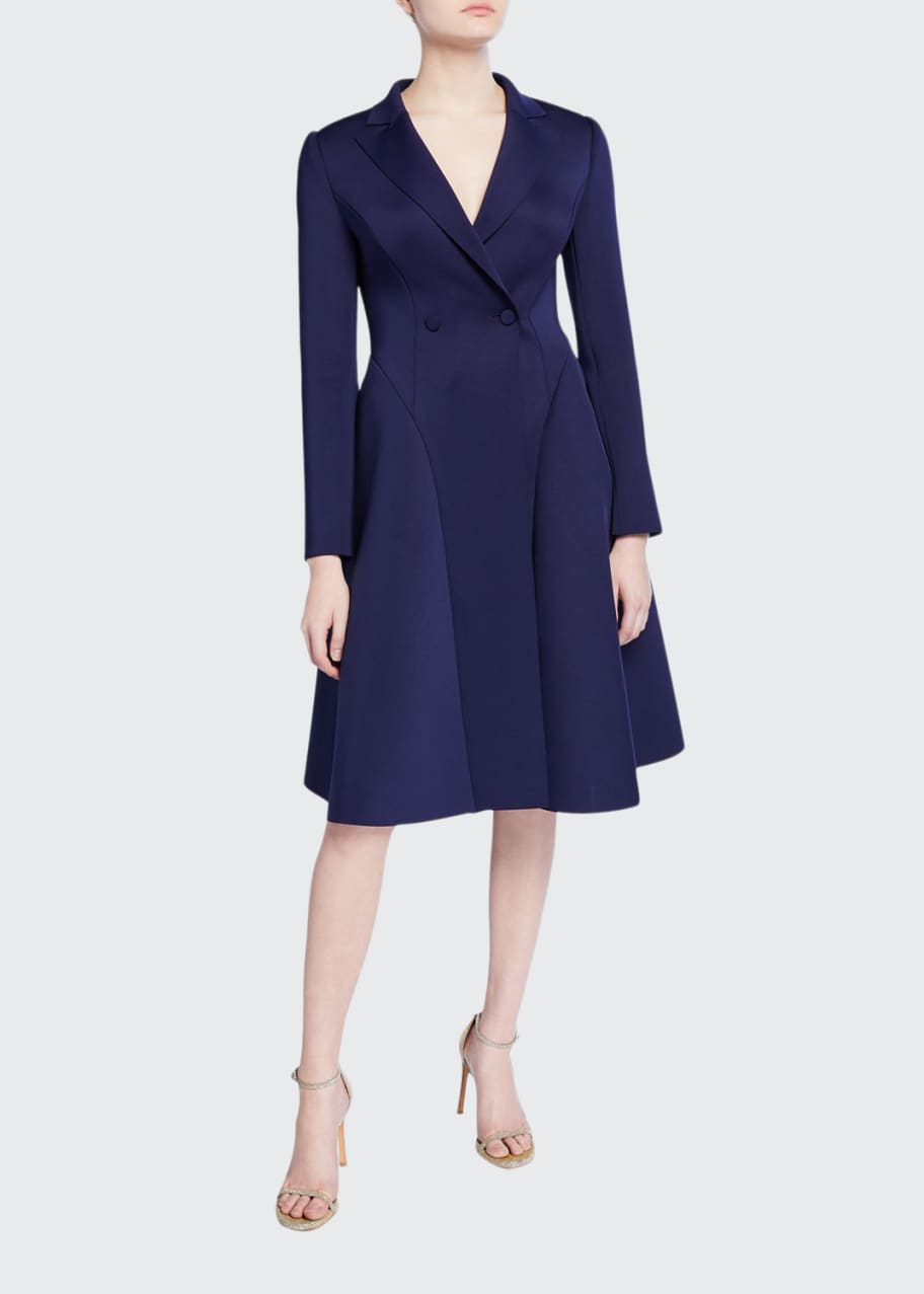 Long Sleeve Double Breasted Fit Flare Scuba Coat Dress