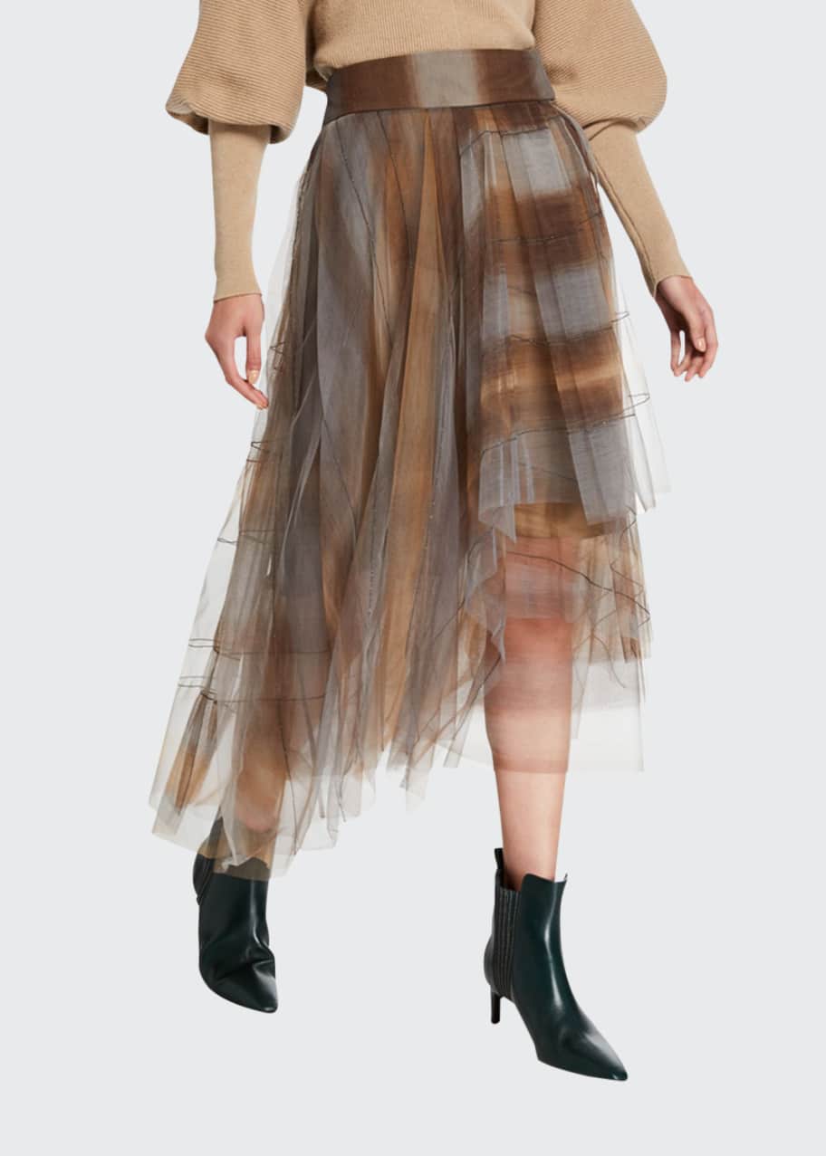 Brunello Cucinelli Monili Beaded Checked Asymmetric Tulle Skirt