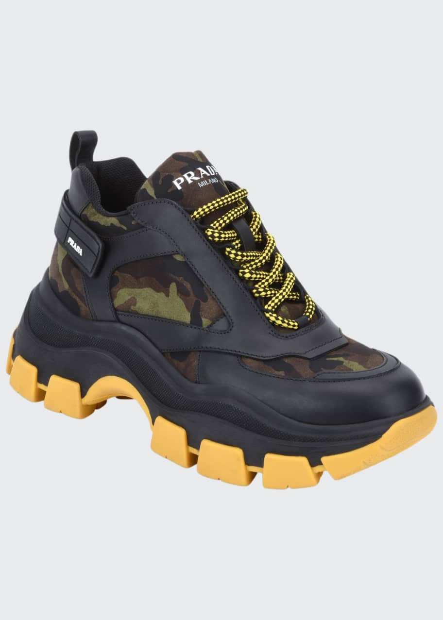 Prada Men's Pegasus Camo & Leather Chunky Sneakers - Bergdorf Goodman