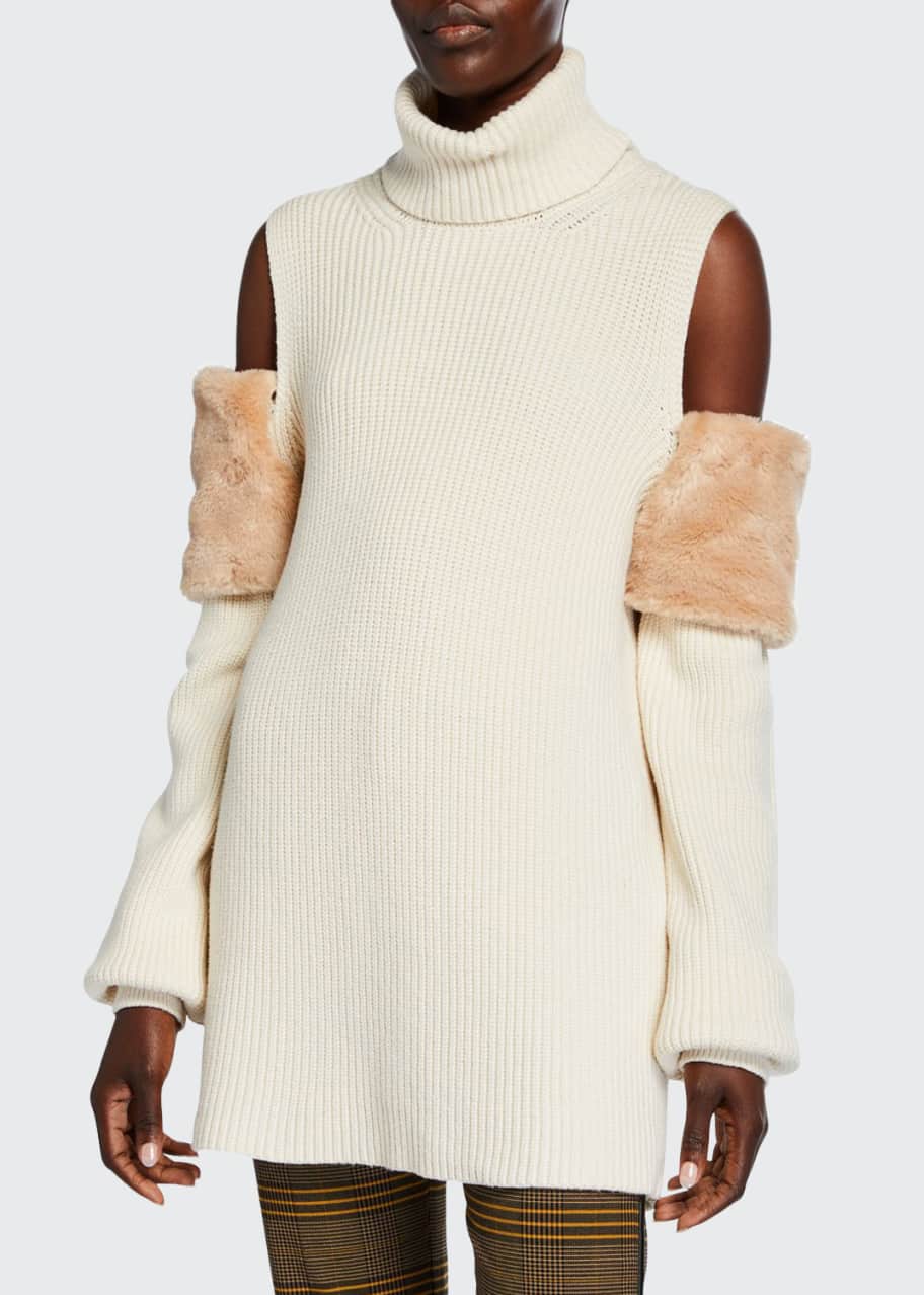 Image 1 of 1: Faux-Fur Trimmed Cold-Shoulder Sweater