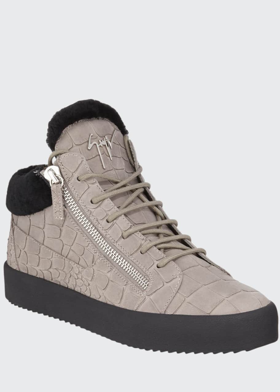 Image 1 of 1: Men's Crocodile-Print Shearling-Lined Leather Mid-Top Sneakers