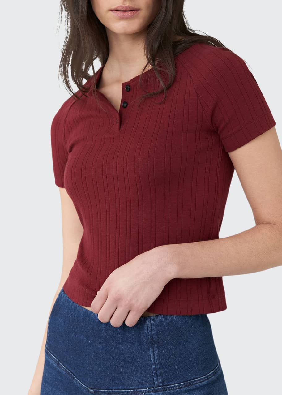 Image 1 of 1: Cropped Short-Sleeve Slim Knit Henley Top