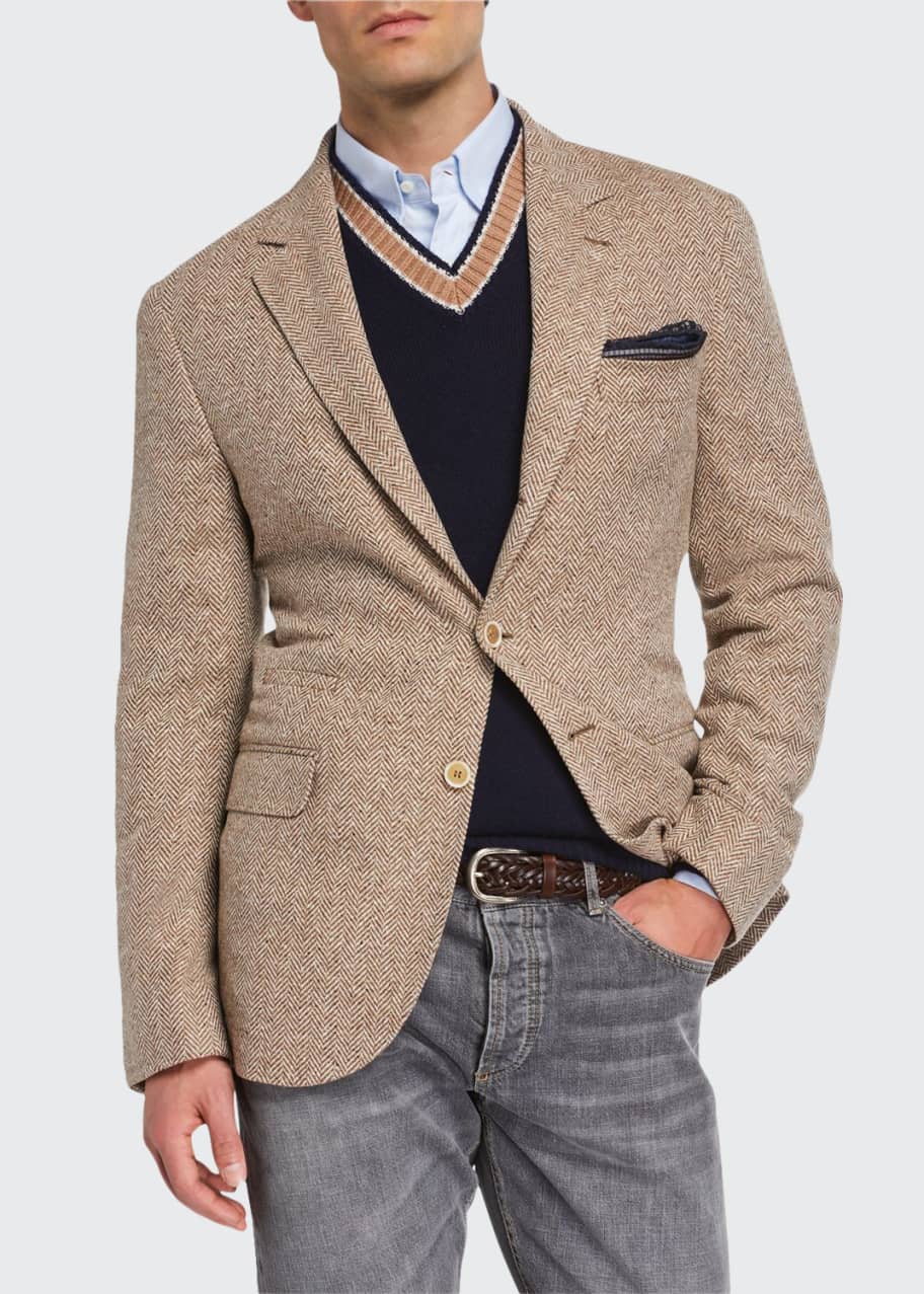 Image 1 of 1: Men's Notch-Lapel Three-Button Herringbone Jacket
