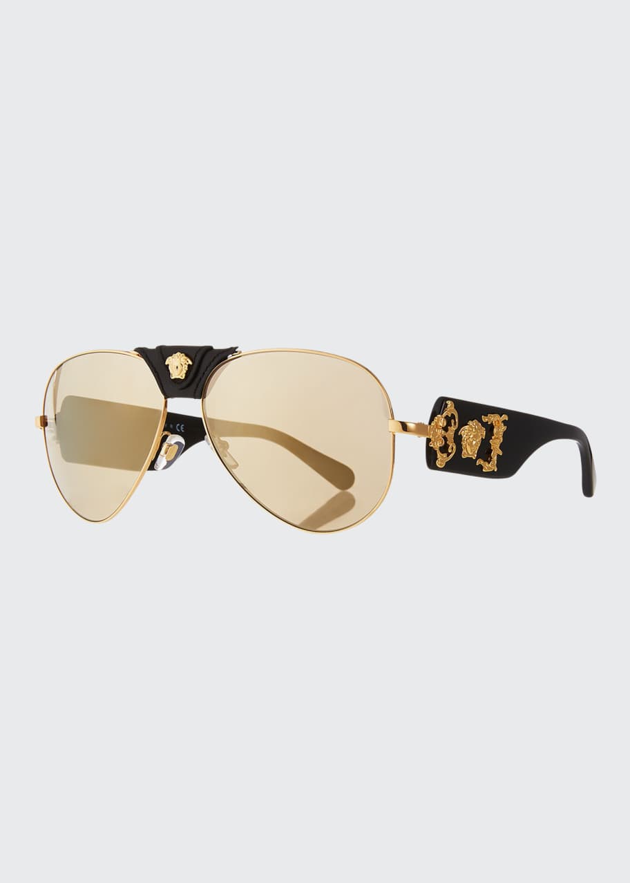 Versace Men s Leather Metal Medusa Head Aviator Sunglasses