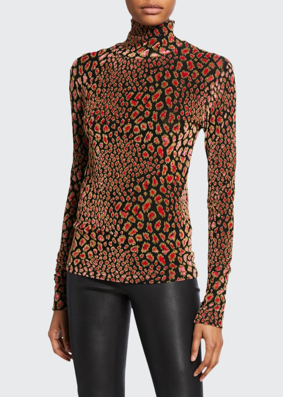 Image 1 of 1: Delphine Metallic Animal-Print Turtleneck Sweater