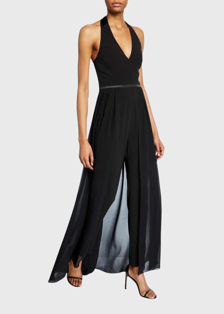 Halston Halter-Neck Crepe Jumpsuit with Georgette Skirt Overlay ...