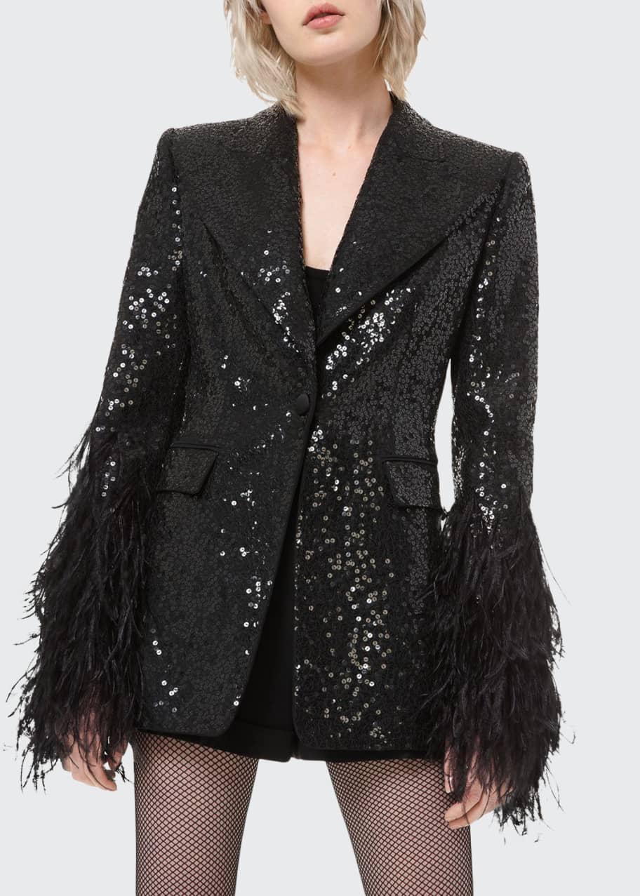 Michael Kors Collection Sequin Tuxedo Blazer w/ Feather Cuffs Bergdorf Goodman